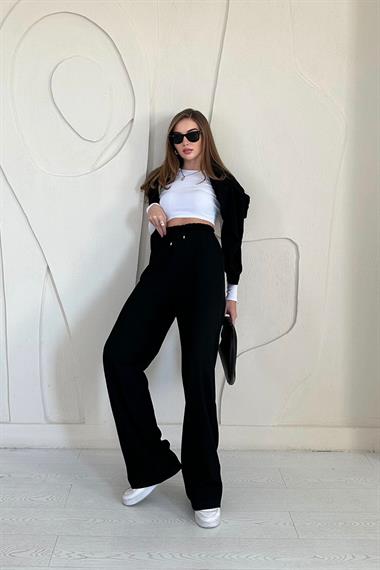 Siyah Bel Büzgülü Pantolon
