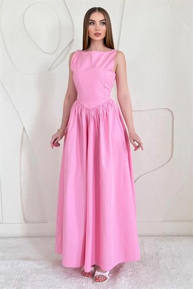 Bel Büzgülü Uzun Elbise