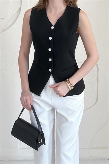 Siyah Belden Oturtmalı Cep ve Düğme Detaylı Yelek