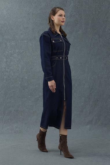 Lacivert Beli Gipeli Fermuarlı Kot Elbise