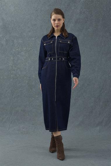 Lacivert Beli Gipeli Fermuarlı Kot Elbise