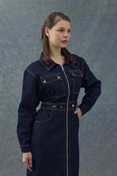 Lacivert Beli Gipeli Fermuarlı Kot Elbise