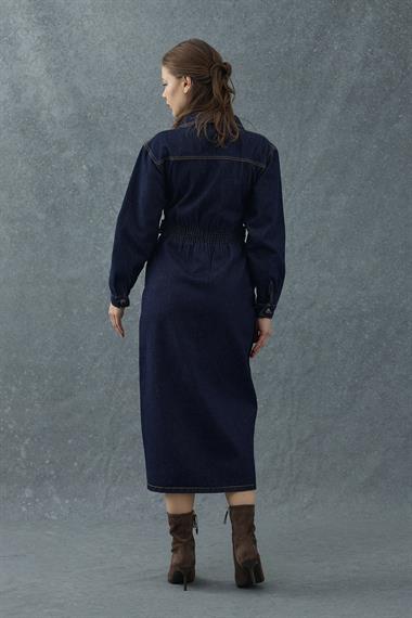Lacivert Beli Gipeli Fermuarlı Kot Elbise
