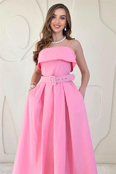 Pembe Beli Kemerli Askılı Pileli Elbise