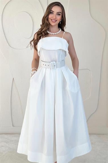 Beyaz Beli Kemerli Askılı Pileli Elbise