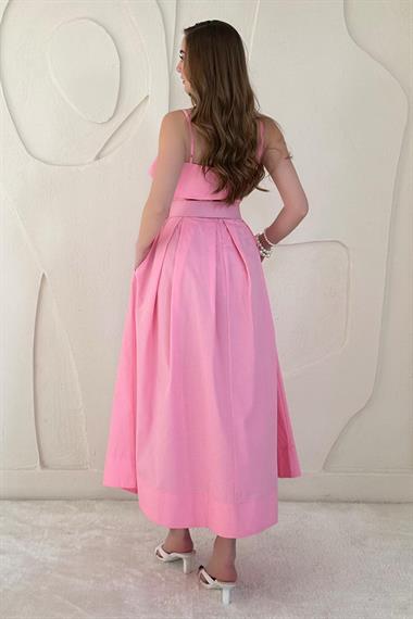 Pembe Beli Kemerli Askılı Pileli Elbise