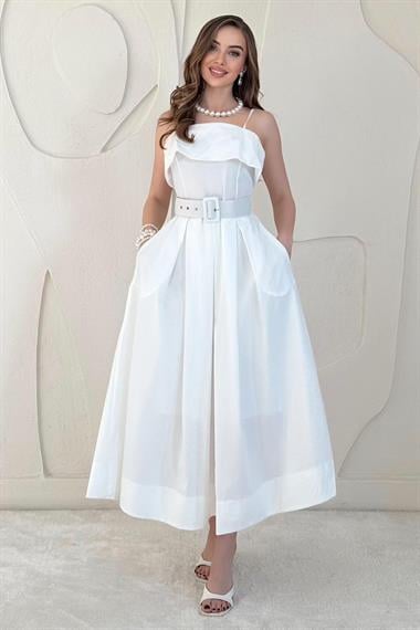 Beyaz Beli Kemerli Askılı Pileli Elbise