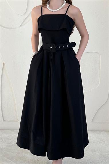 Siyah Beli Kemerli Askılı Pileli Elbise