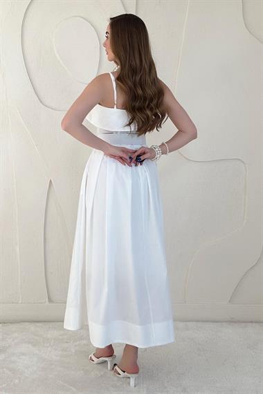 Beyaz Beli Kemerli Askılı Pileli Elbise