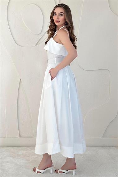 Beyaz Beli Kemerli Askılı Pileli Elbise