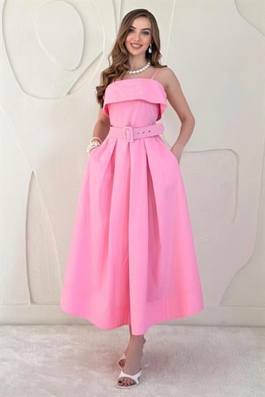 Pembe Beli Kemerli Askılı Pileli Elbise