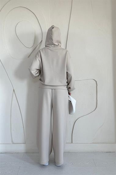 Bej Beli Lastikli Ceket ve Pantolon Takım