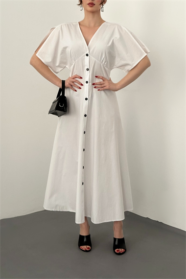 Beyaz Düğmeli Midi Boy Poplin Elbise