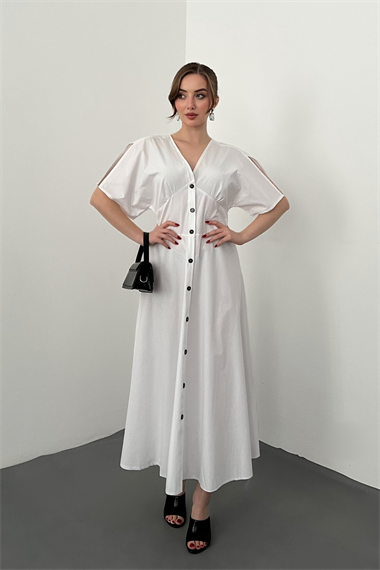 Beyaz Düğmeli Midi Boy Poplin Elbise