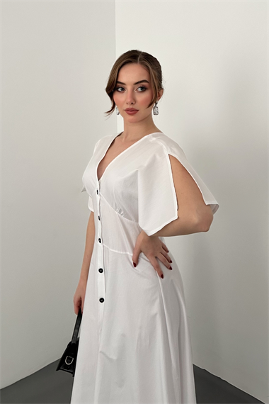 Beyaz Düğmeli Midi Boy Poplin Elbise