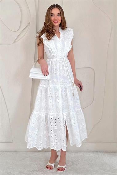Beyaz Fırfırlı Düğmeli Elbise
