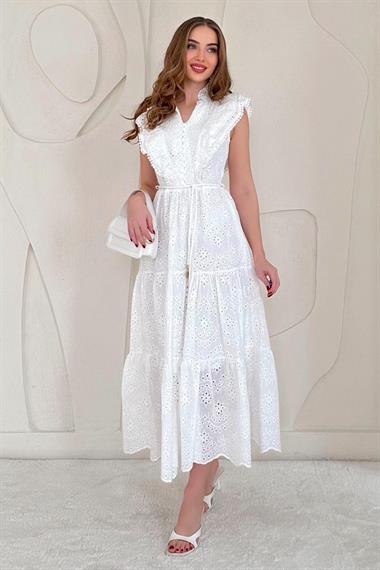 Beyaz Fırfırlı Düğmeli Elbise