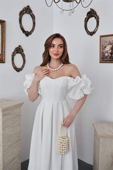 Beyaz Kolları Balon Pileli Atlas Elbise