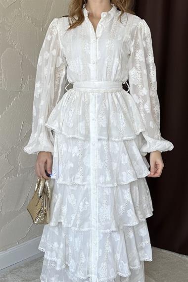 Beyaz Uzun Volanlı Elbise