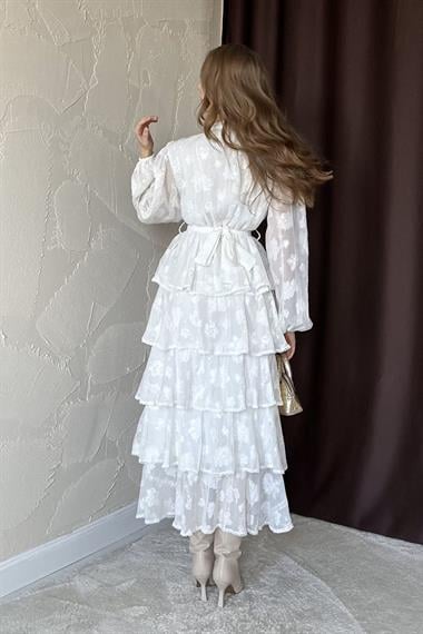 Beyaz Uzun Volanlı Elbise