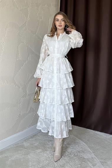 Beyaz Uzun Volanlı Elbise