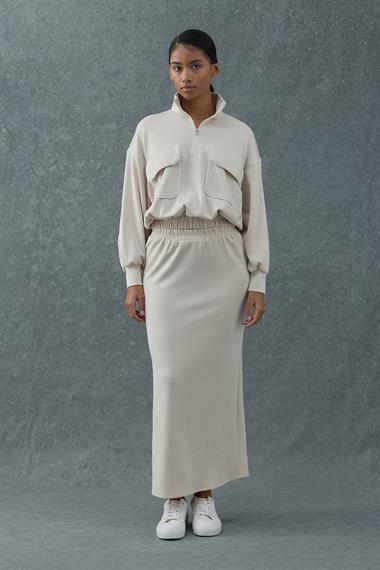 Bej Biyeli Sweatshirt ve Etek Takım