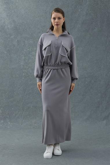 Füme Biyeli Sweatshirt ve Etek Takım