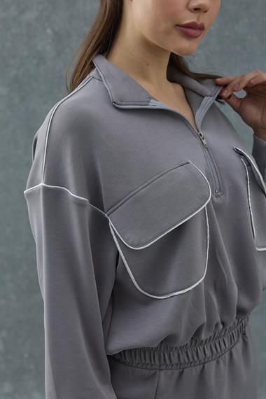 Füme Biyeli Sweatshirt ve Etek Takım