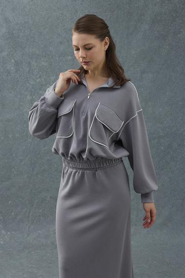 Füme Biyeli Sweatshirt ve Etek Takım