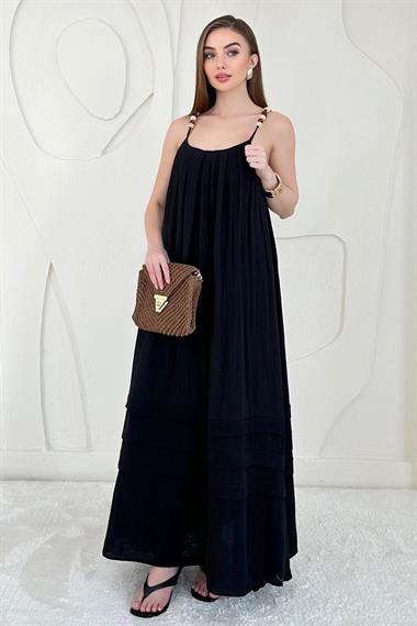 Siyah Boncuk Askılı Uzun Müslin Elbise