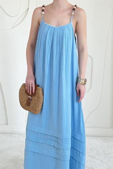 Bebe Mavi Boncuk Askılı Uzun Müslin Elbise