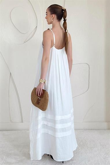 Ekru Boncuk Askılı Uzun Müslin Elbise