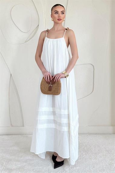 Ekru Boncuk Askılı Uzun Müslin Elbise