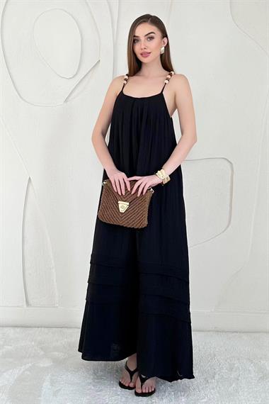 Siyah Boncuk Askılı Uzun Müslin Elbise