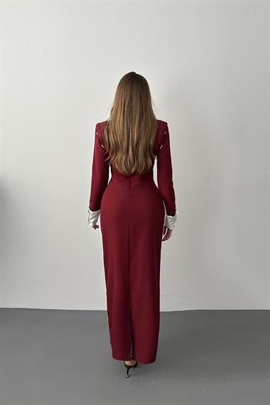 Bordo Beyaz Manşet Detaylı İncili Elbise