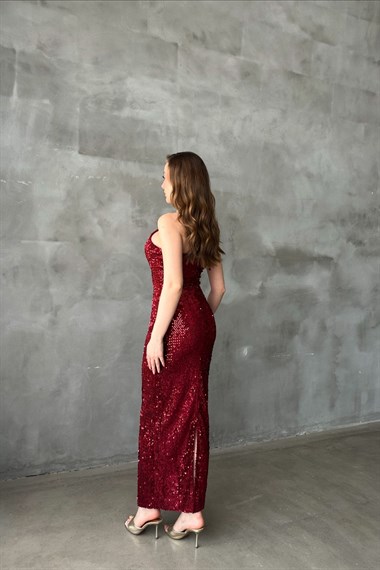 Bordo Boyundan Bağlamalı Pul Payet Elbise