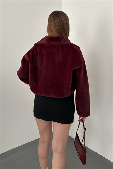 Bordo Cep Detaylı Tüylü Bomber Ceket