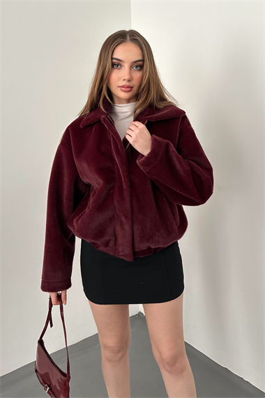 Bordo Cep Detaylı Tüylü Bomber Ceket