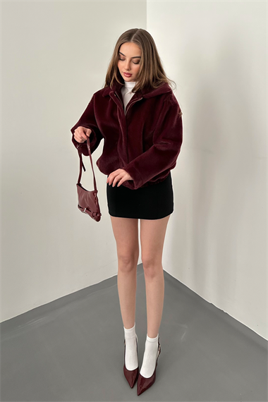Bordo Cep Detaylı Tüylü Bomber Ceket
