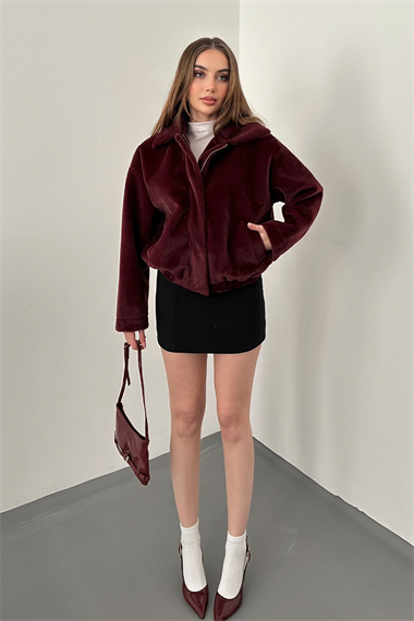 Bordo Cep Detaylı Tüylü Bomber Ceket