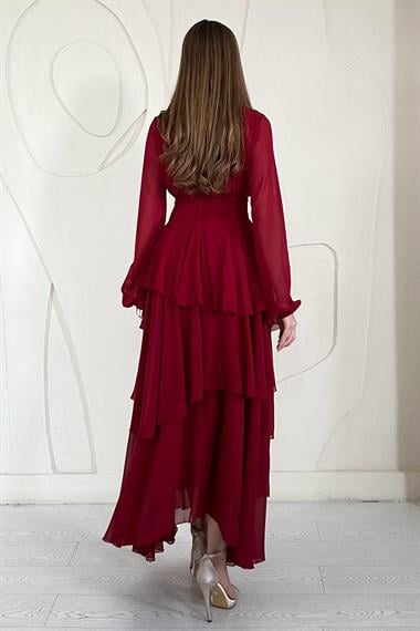 Bordo Dik Yaka Bel Detaylı Elbise