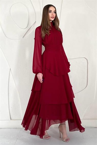 Bordo Dik Yaka Bel Detaylı Elbise