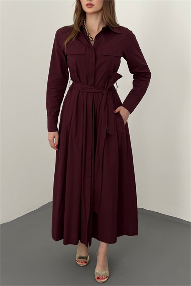 Bordo Düğmeli Poplin Elbise