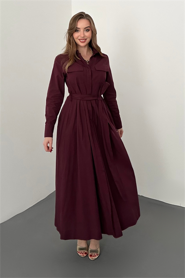 Bordo Düğmeli Poplin Elbise