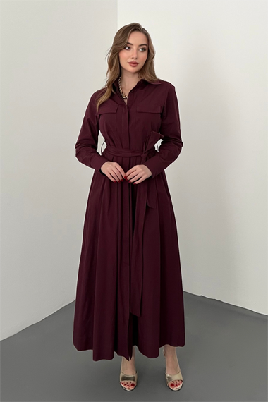 Bordo Düğmeli Poplin Elbise