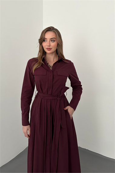 Bordo Düğmeli Poplin Elbise
