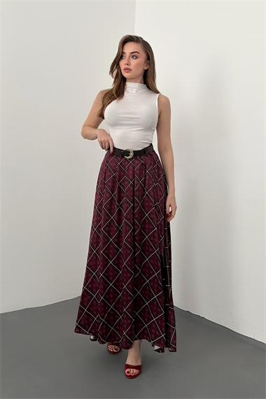 Bordo Ekoseli Saten Etek