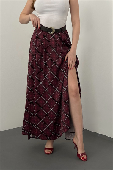 Bordo Ekoseli Saten Etek