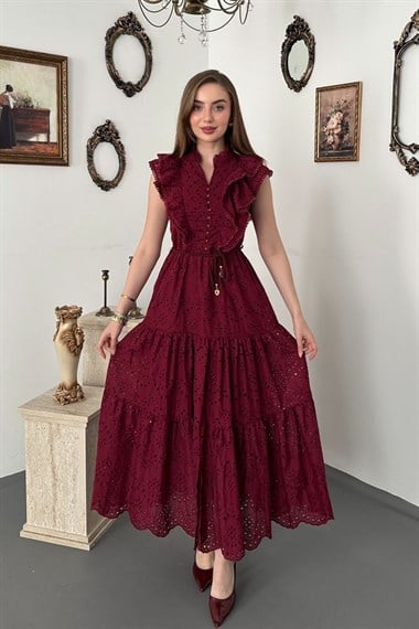 Bordo Fırfırlı Düğmeli Elbise