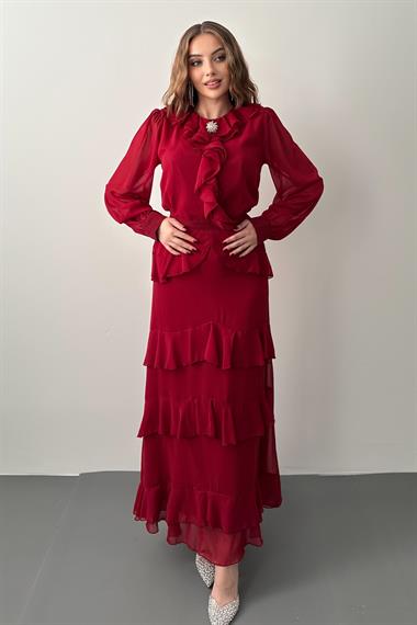 Bordo Fırfırlı Etekli Şifon Takım
